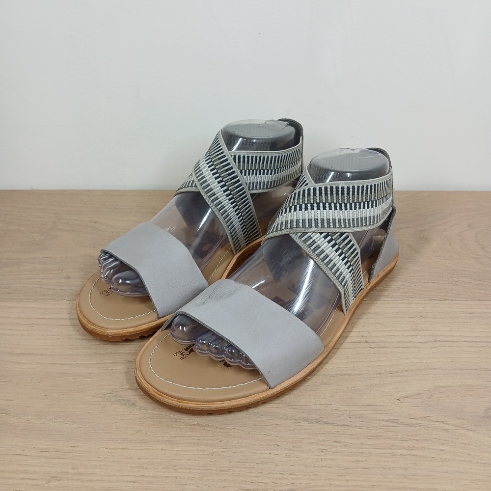 Sorel Ella Sandal Womens 7.5 Grey Leather Elastic Strappy Flat Comfort Slip On